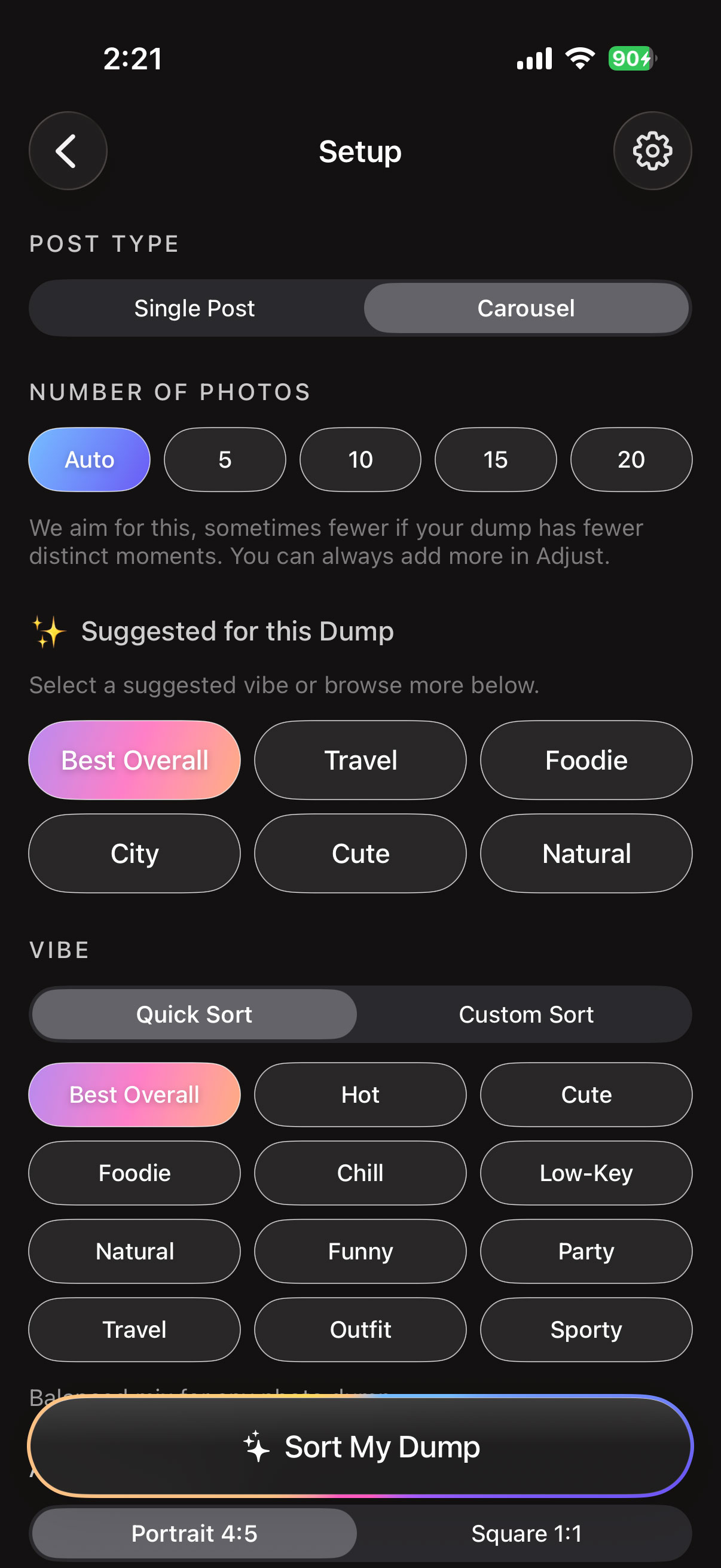 SortMyDump setup screen for choosing a carousel vibe, photo count and aspect ratio