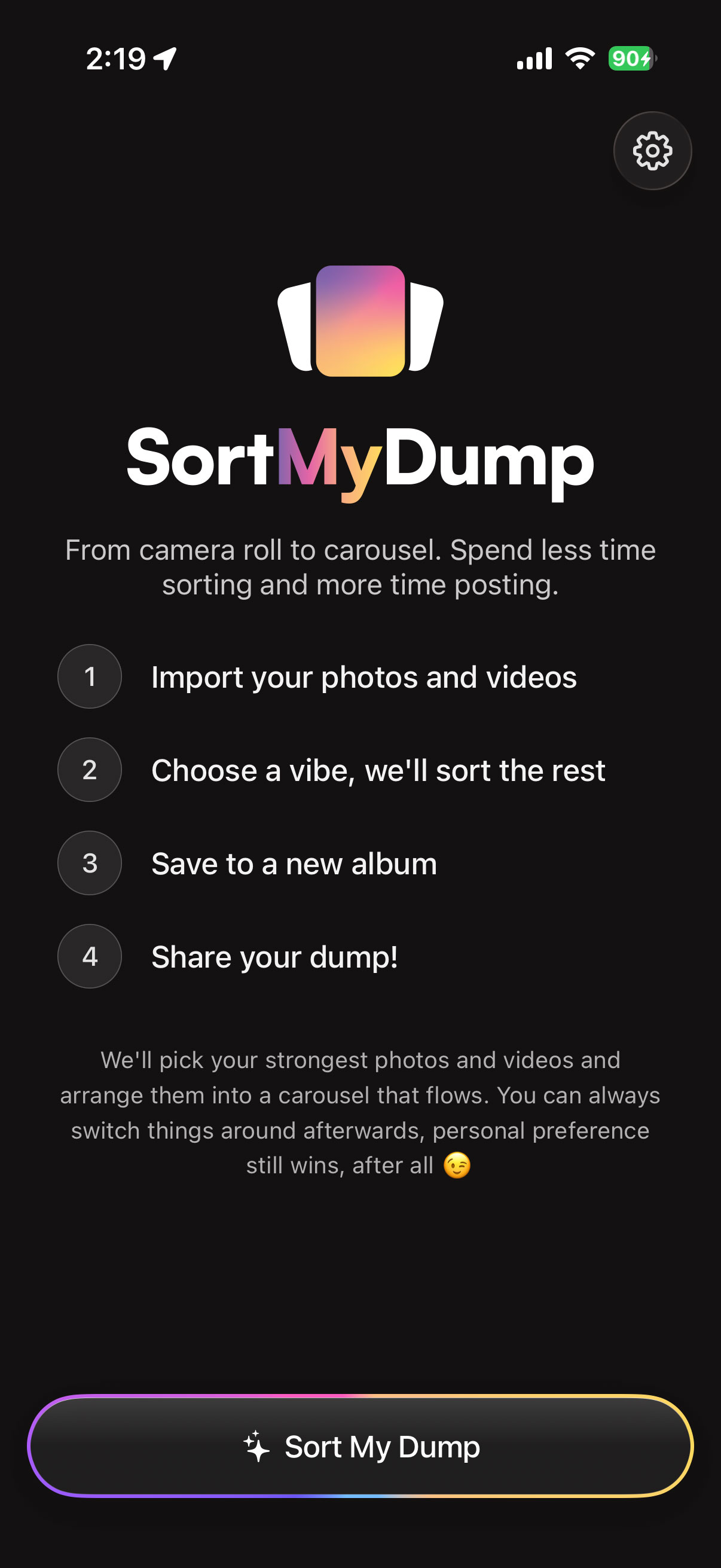 SortMyDump home screen showing the four-step photo sorting process and the Sort My Dump button