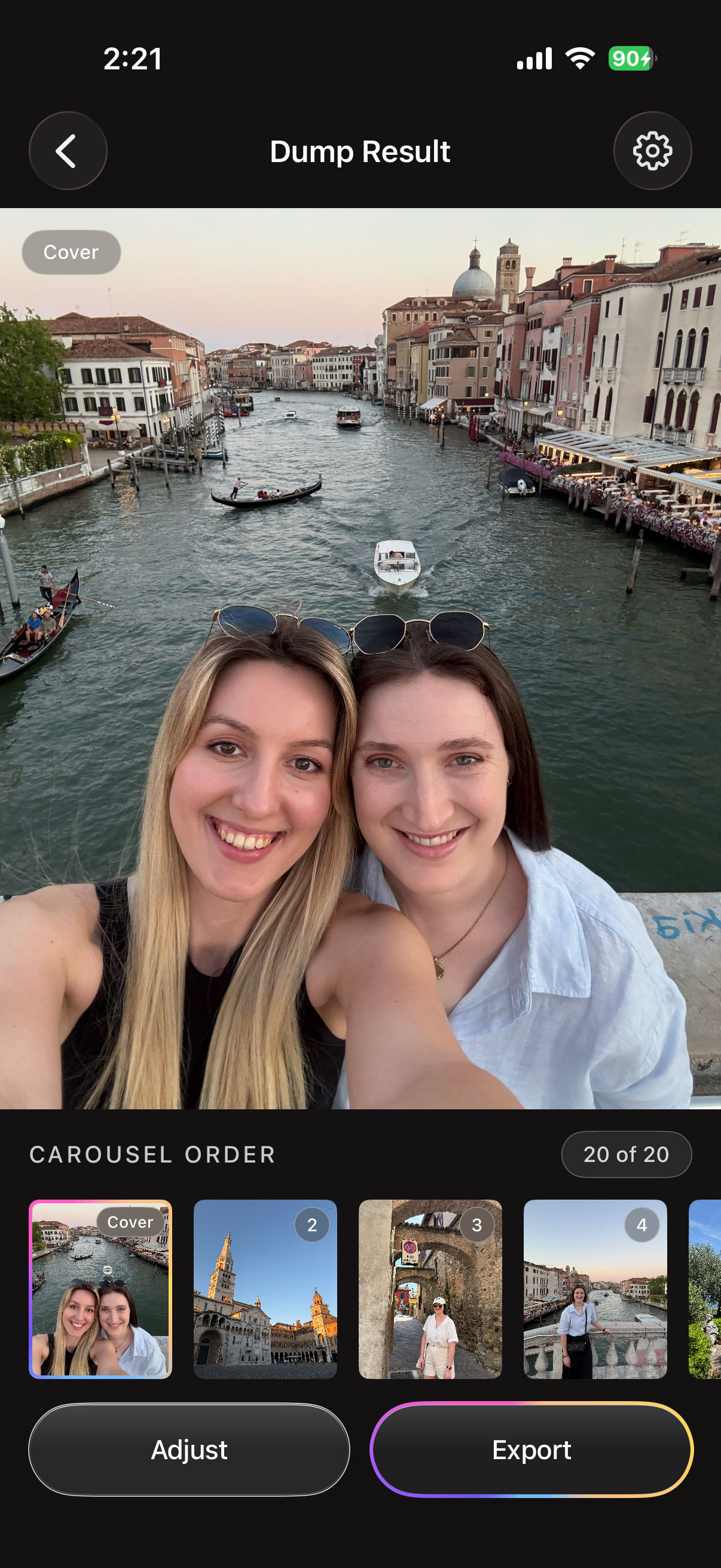 SortMyDump result screen showing the sorted Instagram carousel order with a cover photo